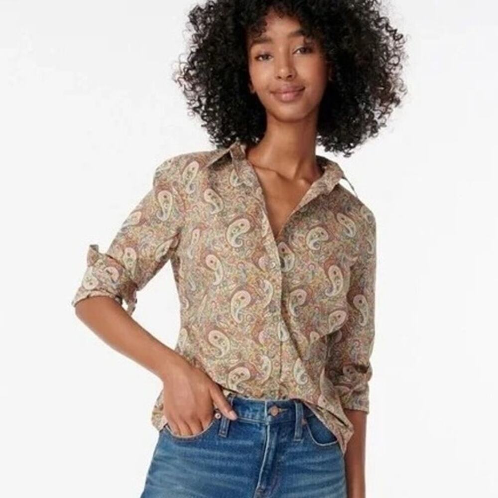 J. Crew The Perfect Shirt Paisley Silk Cotton Size 00 Long Sleeve Button Front